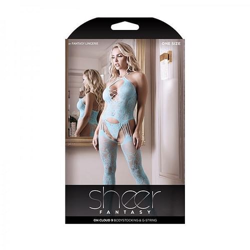 Sheer Fantasy Halter Neck Floral Lace Gartered Bodystocking & Panty Light Blue O/s - Image 2