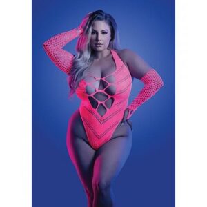 Glow Flashback Black Light Reactive Rhinestone Teddy W/gloves (or Leg Warmers) - Neon Pink Qn