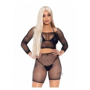 Rhinestone Fishnet Top/shorts Os 2pc Blk