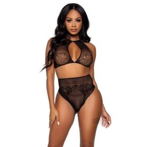 Dotted Net Halter/high Thong 2pc Os Blk