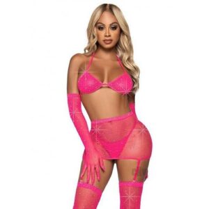 Rhinestone Garter/bikini 5pc Os Pink
