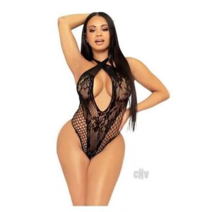Lace Net Keyhole Halter Teddy Os Blk