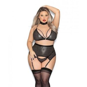 Temptress Wet Look Bra, Garterbelt, Choker & G-string Black Oq