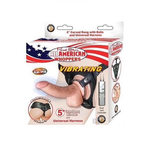 All American Whopper 5 inches Vibrating Curved Dong, & Harness Beige - Image 2