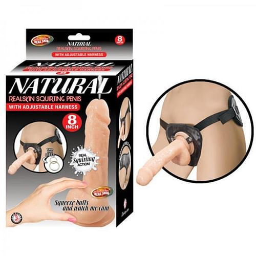 Natural Realskin Squirting Penis 8 inches Beige Harness - Image 3