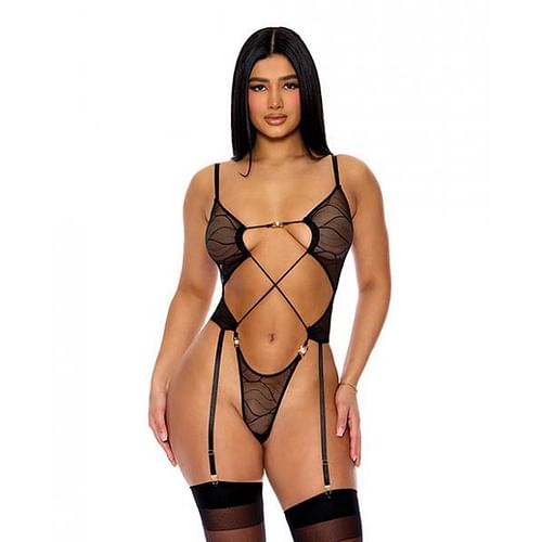 Pull My Strings Sheer Mesh Teddy W/garters & Faux Pearl Details - Black Xl