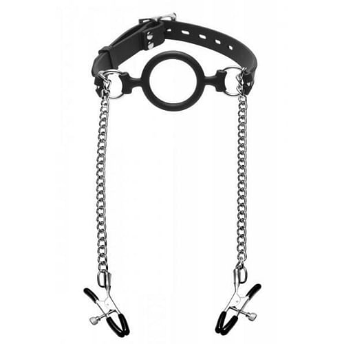 Mutiny Silicone O Ring Gag With Nipple Clamps Black - Image 2