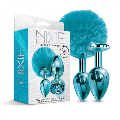 Nixie Metal Butt Plug Set W/jewel Inlaid & Pom Pom - Blue Metallic - Image 2