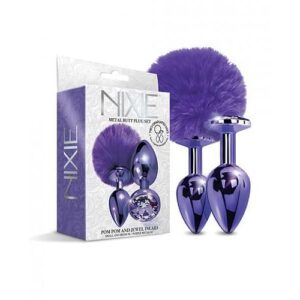 Nixie Metal Butt Plug Set W/jewel Inlaid & Pom Pom - Purple Metallic