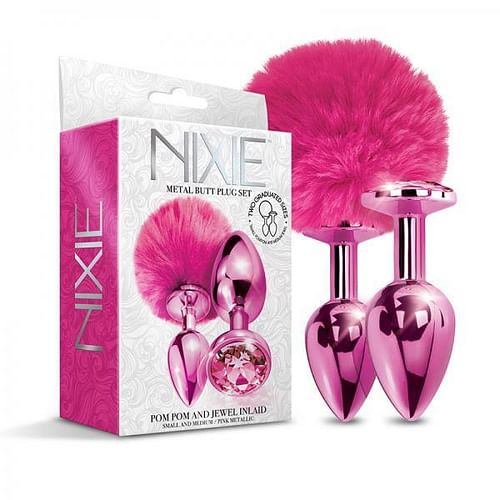 Nixie Metal Butt Plug Set W/jewel Inlaid & Pom Pom - Pink Metallic - Image 2
