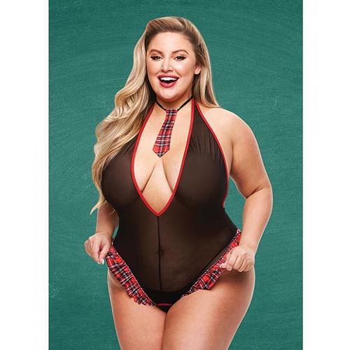 Teacher's Pet Schoolgirl See Thru Crotchless Teddy W/tie Black/red Qn