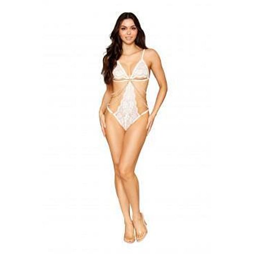 Stretch Lace Teddy W/ Pearls & Chain White O/s
