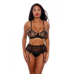 Two Tone Scalloped Lace Bra, High Waist Garter Belt & G-string Black/silver Xl