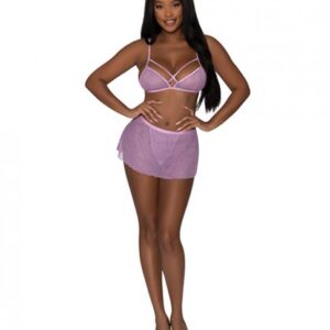 Girl Next Door Strappy Bralette W/flirty Thong Skirt Lilac L/xl