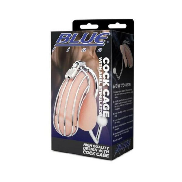 Blue Line Metal Cock Cage With Anal Stimulator