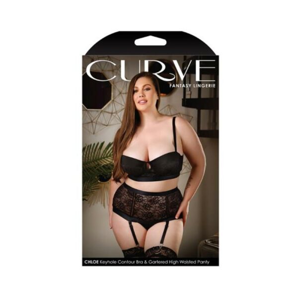 Curve Chloe Keyhole Contour Bra & Gartered High Waisted Panty Black 3x/4x