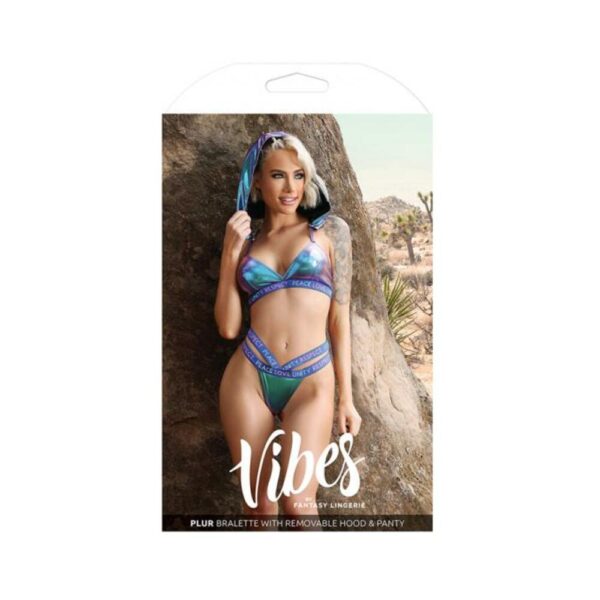 Fantasy Lingerie Vibes Plur Holographic Bralette With Removable Hood & Panty Aqua Holo L/xl