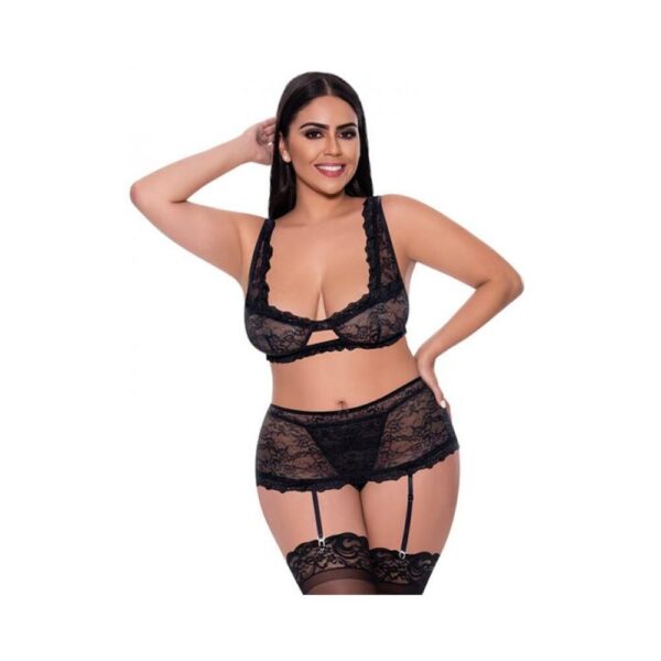 Magic Silk Ooh La Lace Bralette, Garter Skirt & G-string Set Black Queen