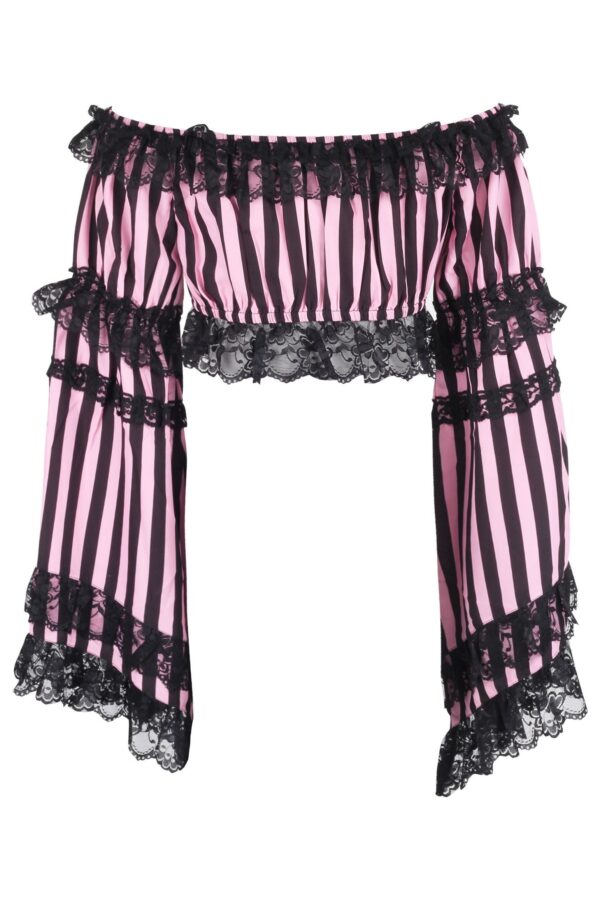 Black/Pink Striped Smocked Flare Sleeve Peasant Top - Image 3