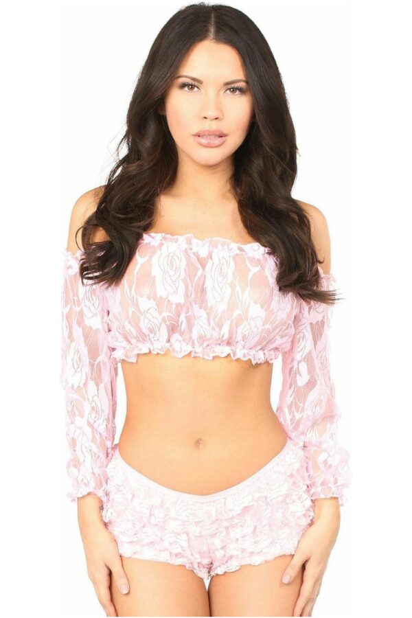 Baby Pink Sheer Lace Long Sleeve Peasant Top - Daisy Corsets