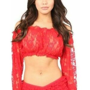 Red Sheer Lace Long Sleeve Peasant Top - Daisy Corsets