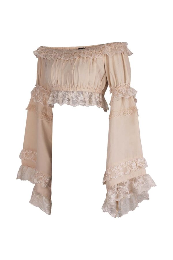 Beige Smocked Flare Sleeve Peasant Top - Image 2