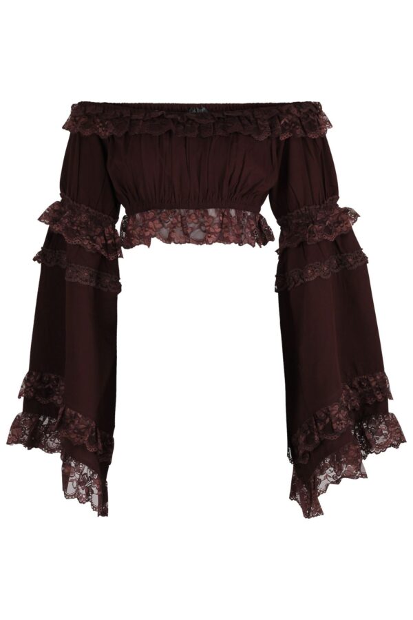 Brown Smocked Flare Sleeve Peasant Top - Image 3