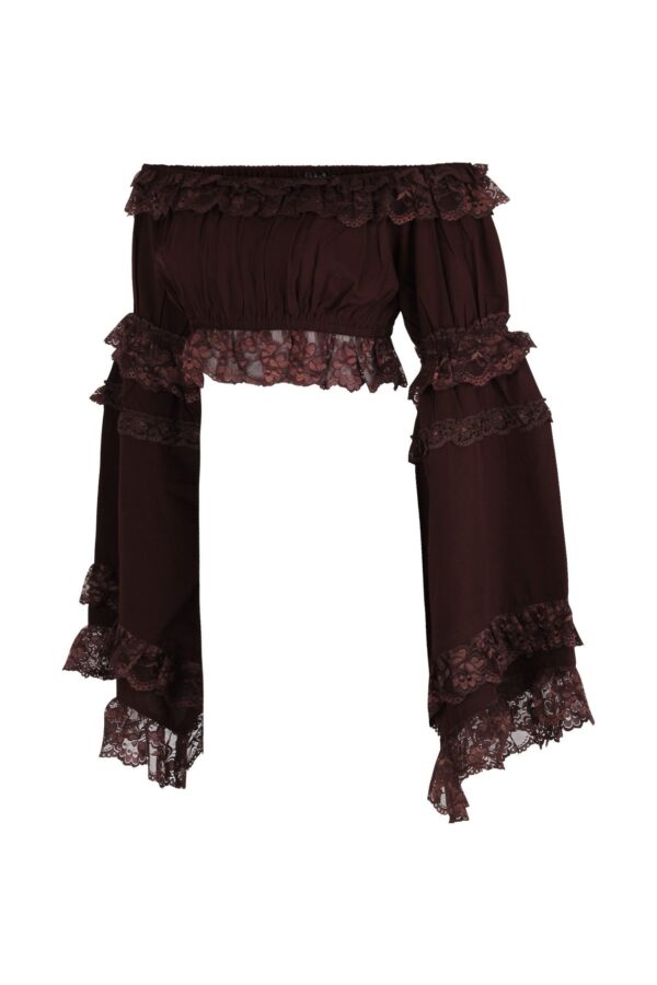Brown Smocked Flare Sleeve Peasant Top - Image 2