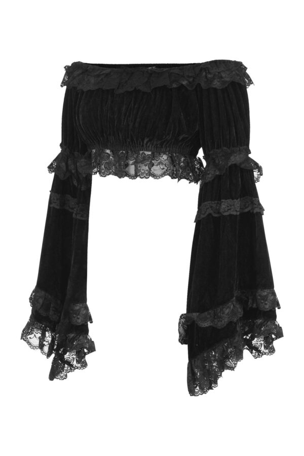 Black Velvet Smocked Flare Sleeve Peasant Top - Image 2
