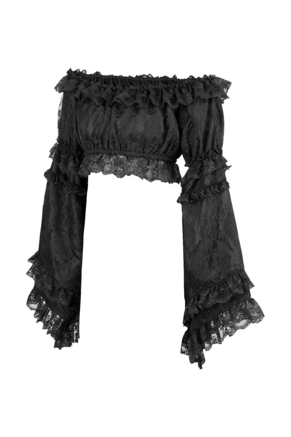 Black Lace Smocked Flare Sleeve Peasant Top - Image 2