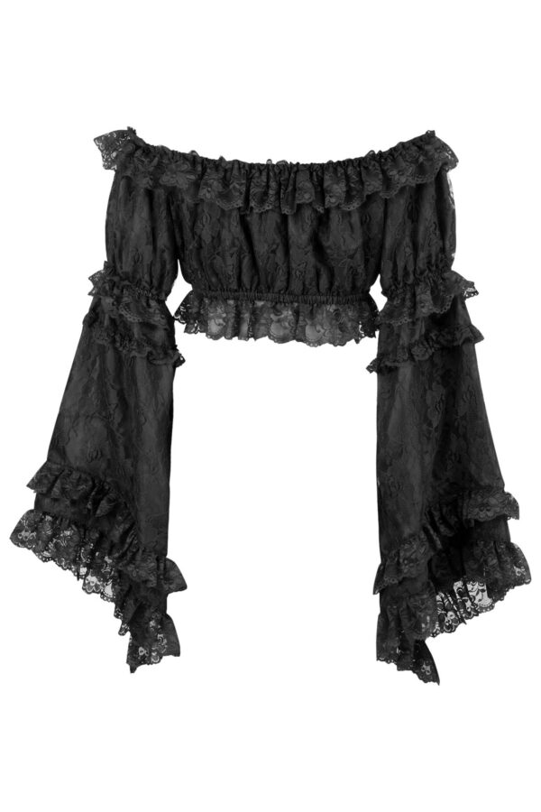 Black Lace Smocked Flare Sleeve Peasant Top - Image 3
