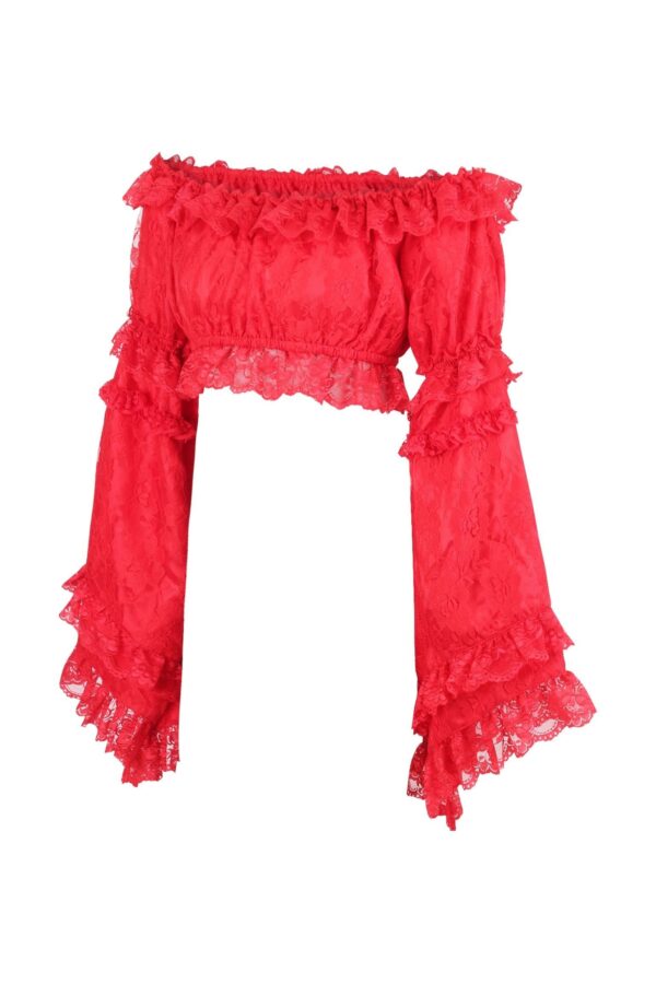 Red Lace Smocked Flare Sleeve Peasant Top - Image 2