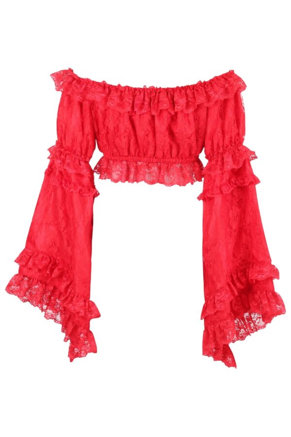 Red Lace Smocked Flare Sleeve Peasant Top - Image 3