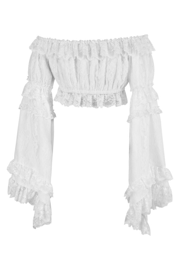White Lace Smocked Flare Sleeve Peasant Top - Image 3