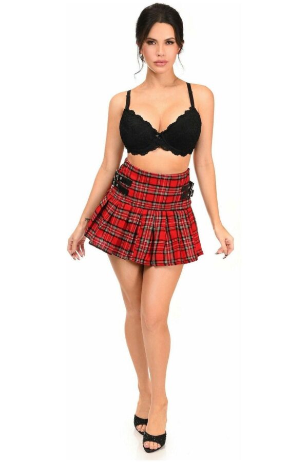 Red Plaid Pleated Skirt w/Buckles - Daisy Corsets