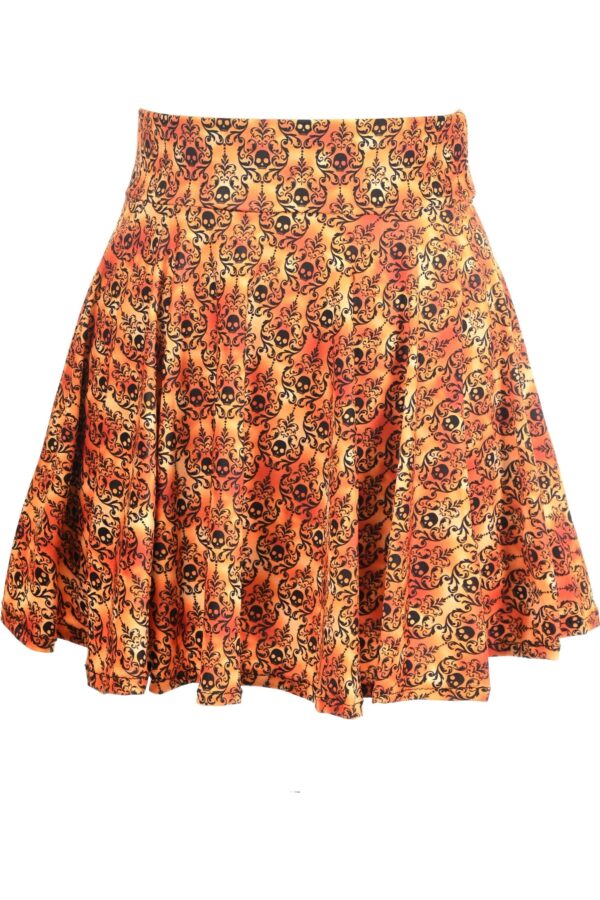 Orange Skulls Gothic Print Stretch Lycra Skirt