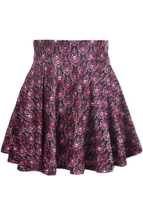 Purple Skulls Gothic Print Stretch Lycra Skirt