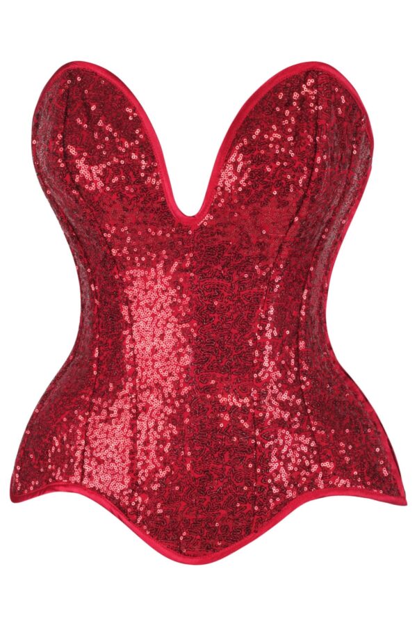 Top Drawer Steel Boned Red Sequin Plunge Neckline Overbust Corset - Image 5