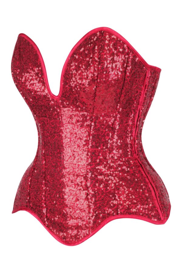Top Drawer Steel Boned Red Sequin Plunge Neckline Overbust Corset - Image 6