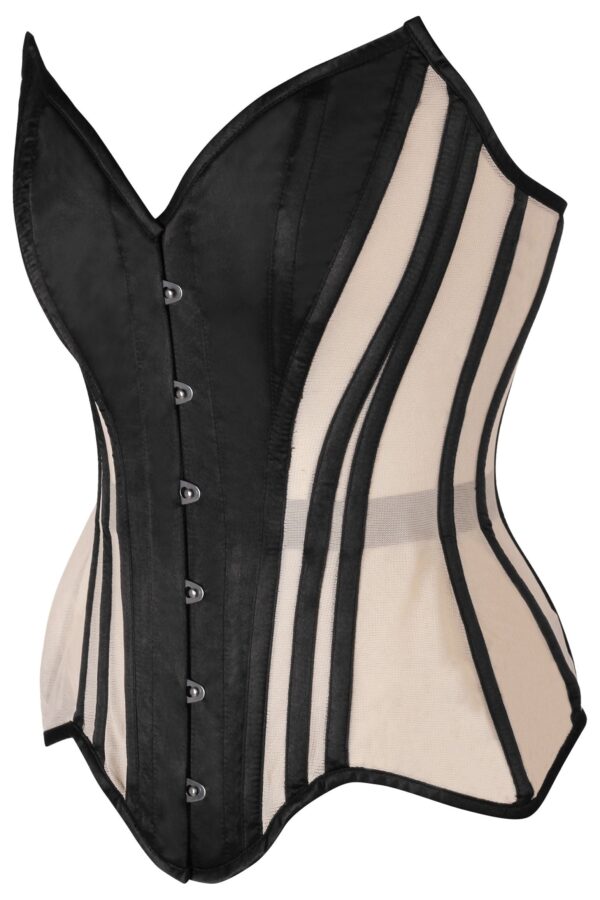 Top Drawer Nude Mesh & Black Satin Steel Boned Overbust Corset - Image 6