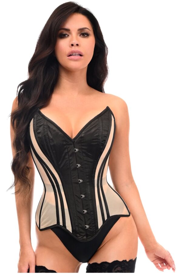 Top Drawer Nude Mesh & Black Satin Steel Boned Overbust Corset