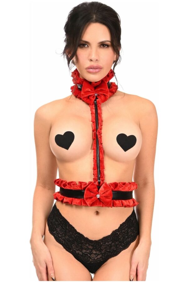 Kitten Collection Red Velvet & Faux Leather Single Strap Body Harness - Daisy Corsets