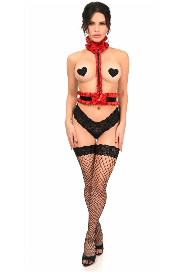 Kitten Collection Red Velvet & Faux Leather Single Strap Body Harness - Daisy Corsets