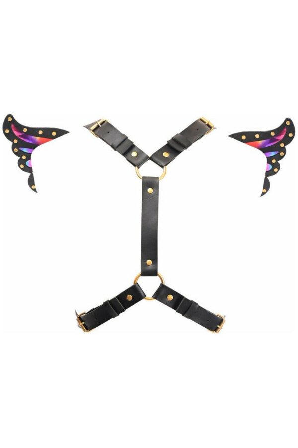 Black Faux Leather & Rainbow Holo Butterfly Wing Harness - Image 2