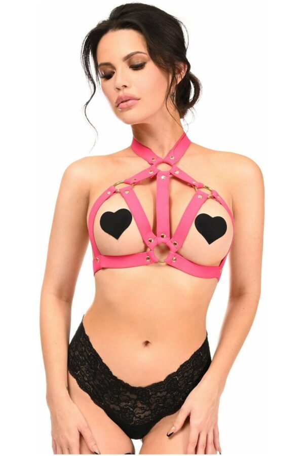 Hot Pink Stretchy Body Harness w/Gold Hardware - Daisy Corsets