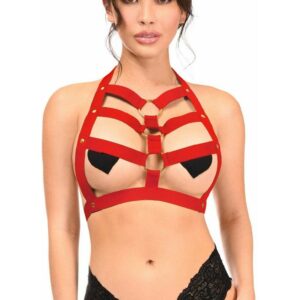 BOXED Dark Red Stretchy Body Harness w/Gold Hardware
