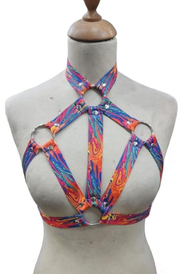 Tie Dye Print Stretchy Body Harness w/Silver Hardware