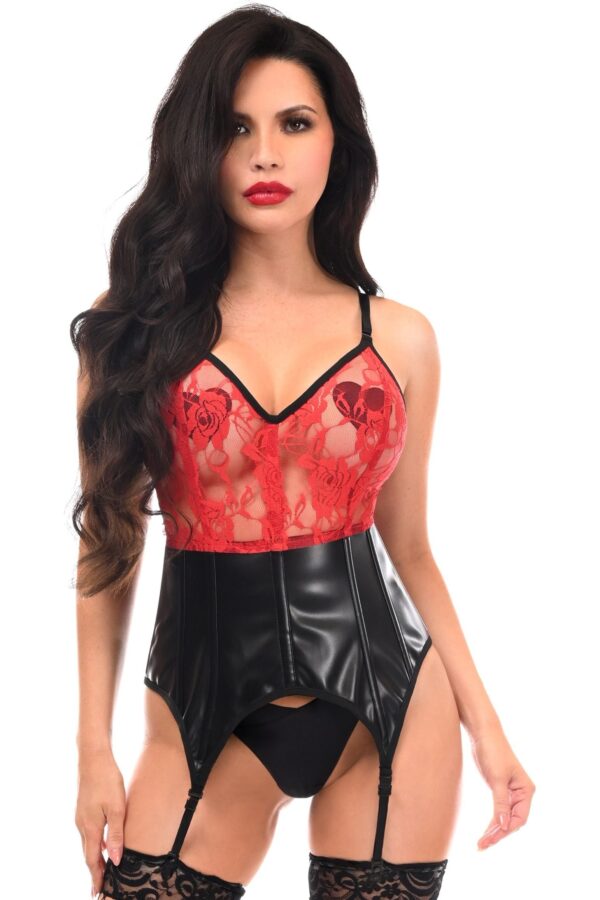 Lavish Black/Red Wet Look & Lace Bustier Corset w/Garters