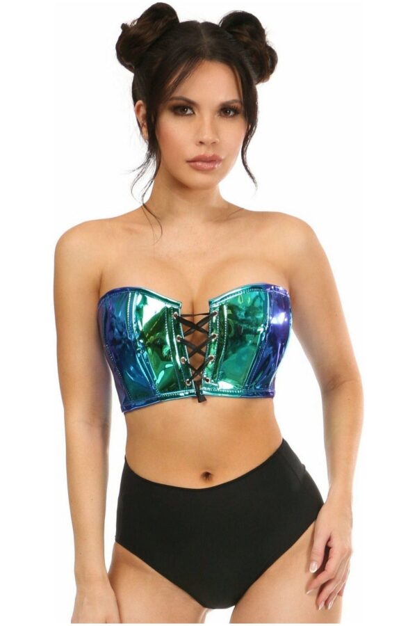 Lavish Teal/Blue Holo Lace-Up Short Bustier Top