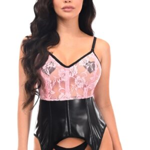 Lavish Black/Pink Wet Look & Lace Bustier Corset w/Garters